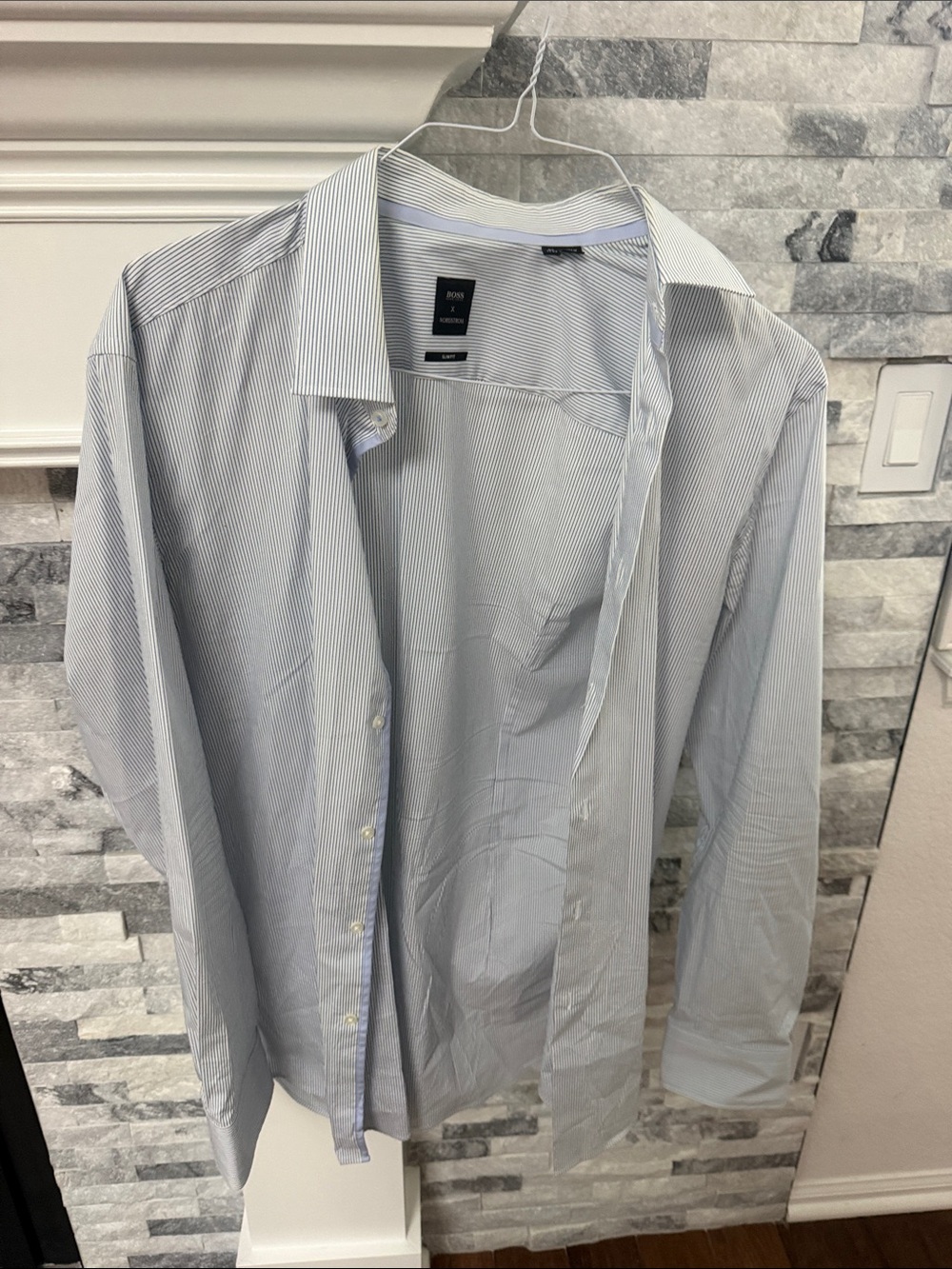 BOSS Men's Light Blue and White Micro-Stripe Dress Shirt